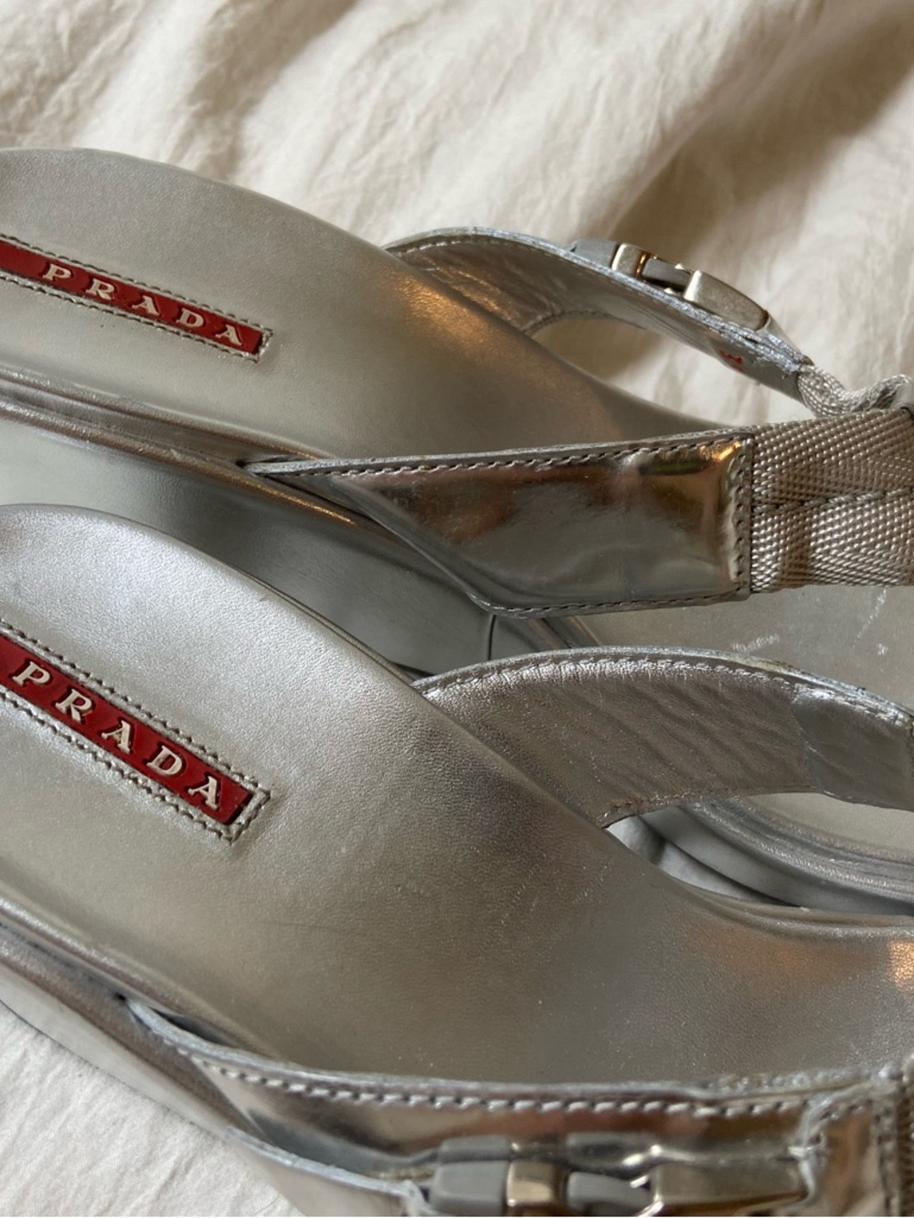 Prada Silver Metallic Wedge Thong Sandals with Buckle Detail - Picture 3 of 6